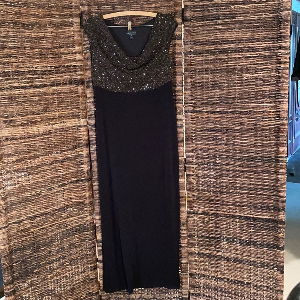 Cocktail Maxi dress. Size 10 Brown and Bronze. Drape neck, sleeveless.